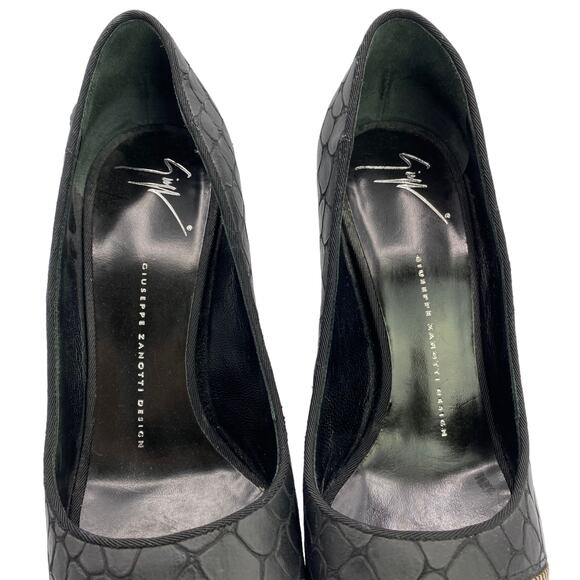 Giuseppe Zanotti Black Snakeskin Peep Toe Heels, Size 8, Zipper Detail Pumps - Picture 8 of 10